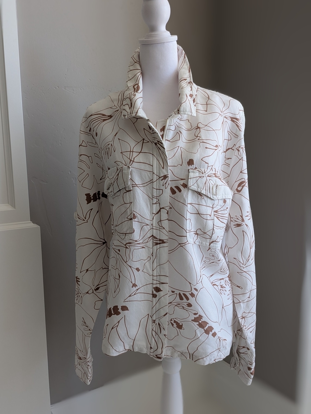 Renuar  Cream Zipper-Front Shirt Jacket with Brown Floral Line Print-XL